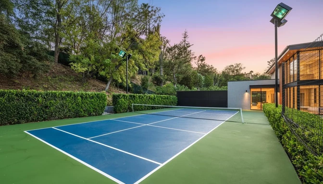 A modern outdoor blue and green tennis court with a net next to a luxury house under a twilight sky.
