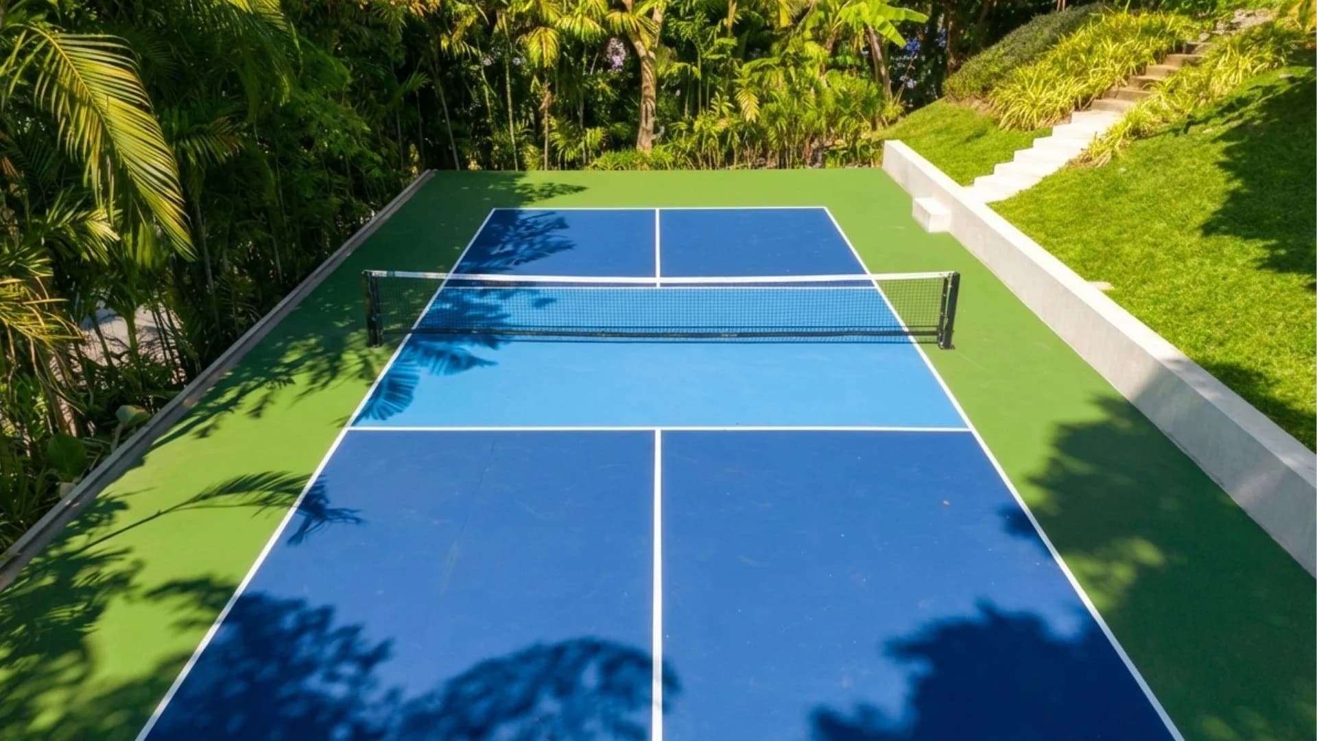 An aerial view of a vibrant blue and green outdoor pickleball court surrounded by lush tropical greenery and white steps.